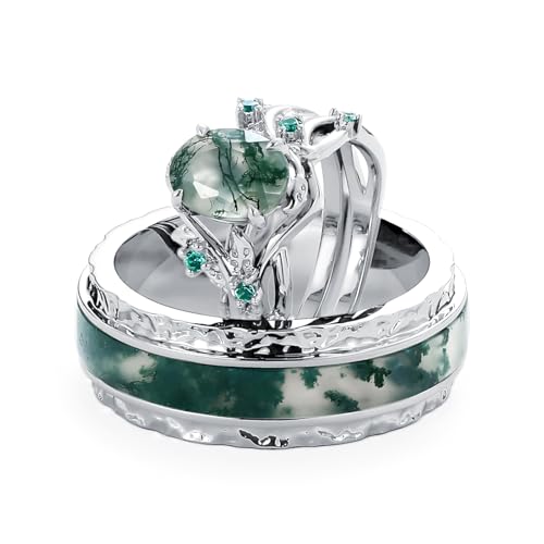 Natural Moss Agate Couple Wedding Rings Sets, S925 10K 14K 18K Oval Cut Moss Agate Engagement Rings Set for Man and Women, Customized His and Her 3pcs Green Promise Bands for Anniversary3