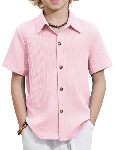 Image of Arshiner Boys Casual Short Sleeve Button Down Shirt Fashion Textured Summer Beach Shirt 3-13 Years Old