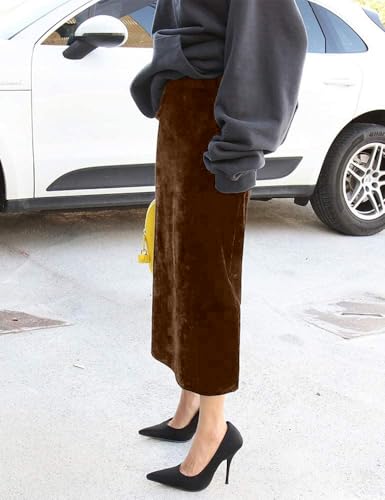 Ylingjun Women's High Waisted Long Velvet Skirt Pencil Skirt with Slit4