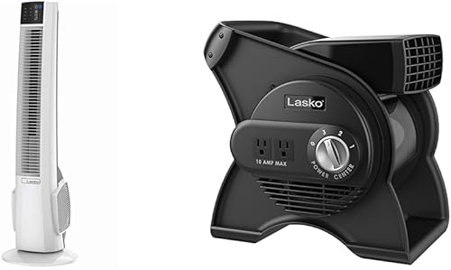 Lasko Ventilador de torre oscilante con control remoto y ventilador giratorio con salidas de accesorios, 3 velocidades