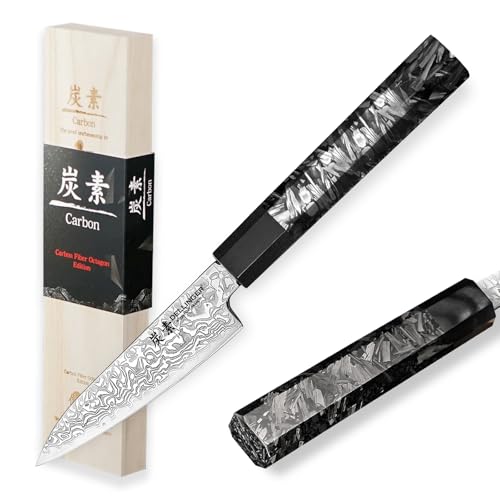 DELLINGER Nóż do obierania warzyw Carbon Fiber Octagon z rdzeniem ze stali damasceńskiej VG-10, 61 HRC. Uchwyt węglowy z końcówką G10. Idealny do cięcia, siekania, ważenia. Długość ostrza 140 mm