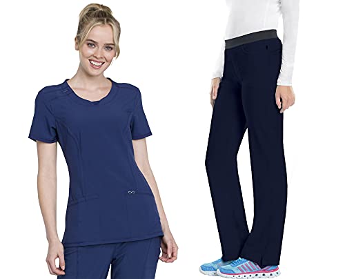 Infinity Women Scrubs Set Round Neck Top 2624A & Slim Pull-On Pant 1124A (Navy L / L) Infinity Women Scrubs Set Round Neck Top 2624A & Slim Pull-On Pant 1124A (Navy L / L)