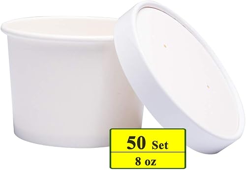 Miniatura 2 de Juego de 50 tazas desechables de helado blanco de 8 onzas con tapas, tazas de papel para llevar, taza de papel, recipiente de comida para llevar