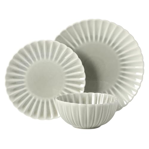 Image of Gibson Elite Peach Orchard 12-Piece New Bone China Dinnerware Set Service for 4, Embossed Fluted Plates and Bowls, Dishwasher and Microwave Safe, Sage Green