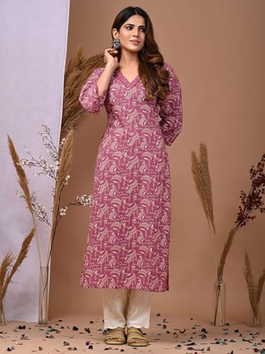 Image of Rimeline Women's Cotton Printed Kurta with Embroidered V-Neck Detail | Straight Fit Ethnic Wear for Casual, Office & Daily Use