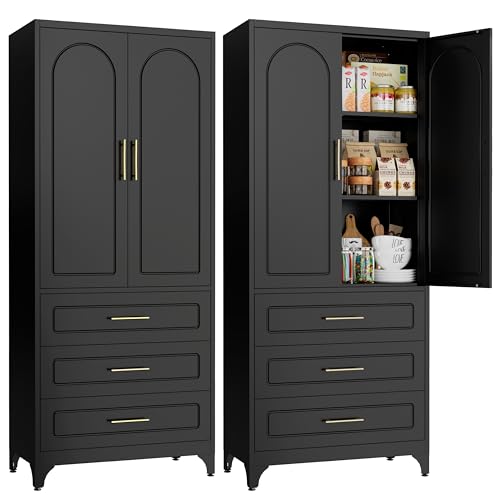 SteeLoong Metal Kitchen Pantry Storage Cabinet with 3 Drawers，75 Inch Black Food Pantry Cabinets for Kitchen Storage with 2 Adjustable Shelves,Tall Storage Cupboard for Living Room,Dining Ro