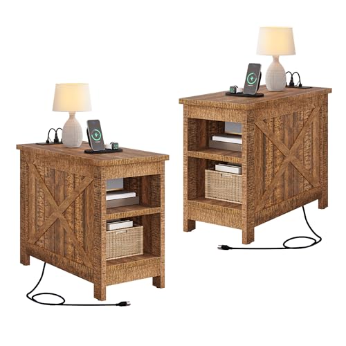 DWVO 2PCS Farmhouse Nightstand with Charging Station & Storage Shelves, Narrow Side Table for Small Spaces Bedroom/Living Room, Brown
