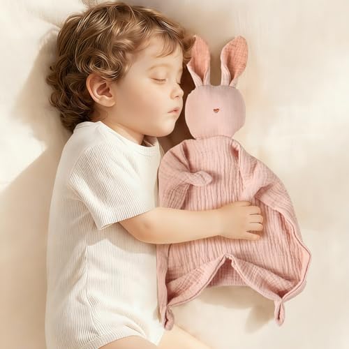 Image of insular Bunny Lovey Blanket for Boys and Girls, Organic Cotton Muslin Security Blanket for Babies, Soft Breathable Lovie Soothing Towel for Newborn and Infant, Pink