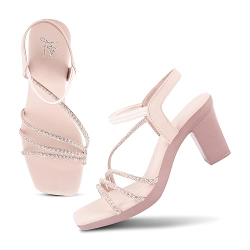 Image of JM LOOKS Women's Sandal Strappy Embellished Heels Ankel Strap Square Toe Lightweight Comfortable Stylish for Wedding Party Festivel Occasion.