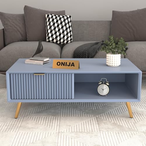 Image of ONIJA Modern Coffee Table for Living Room | HDMR Premium Wood Center Table with Storage Shelf | Matte Finish Coffee Table | Wooden Tea Table with Sturdy Legs (Slate Blue)
