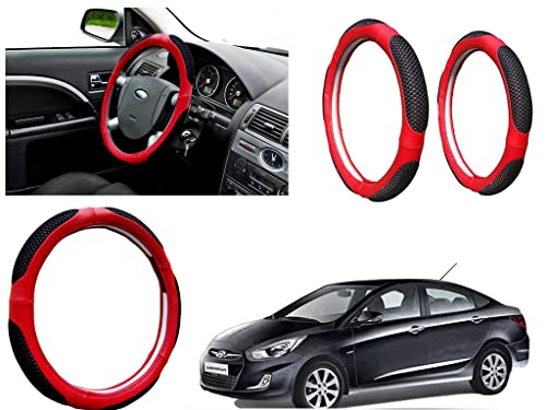 Image of Microfiber Car Steering Wheel Cover, Soft Padding Great Hand Feel, Anti-Slip, Faux Leather Steering Cover for Hyundai Verna Fluidic | Black Red Jali - Pack of 1