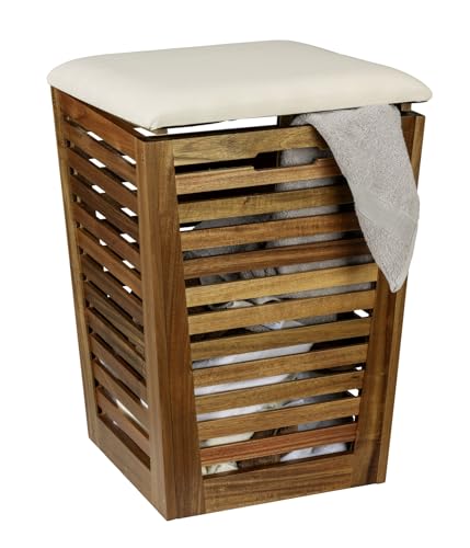 Wäschetruhe mit Sitzpolster Mod. Fondi aus massivem Akazienholz mit 55 L Fassungsvermögen Sitzp. aus 100% Baumwolle Maße 40 x 56 x 40 cm Braun