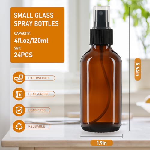 120ml Glass Spray Bottles with Fine Mist Sprayer 24Pack, Small Amber Glass Spray Bottles 4 oz for Perfumes,Cleaning Products,Pet Spray (4fl.oz, Set of 24)2