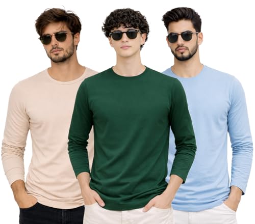 Image of Men's Regular Fit Plain Full Sleeve T- Shirt, Spun Cotton Fabric, Soft and Comfortable Casual Everyday Wear (Pack of 3) (Size Range S to 2XL)