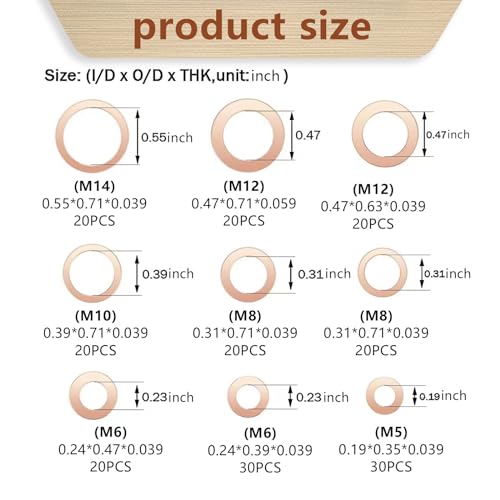 Image of 200 PCS Car Flat Crushed Copper Gasket Classification Kit, M5 M6 M8 M10 M12 M14 9 Specifications Copper Metric Washers, Oil Pan Plug Sealing Gaskets, Universal Accessories for Most Car (Gold)