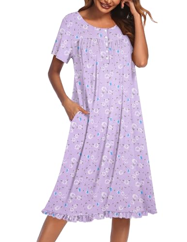 Image of Ekouaer Nightgowns for Women with Pockets Button Front Short Sleeve House Dresses Floral Print Mumu Dress