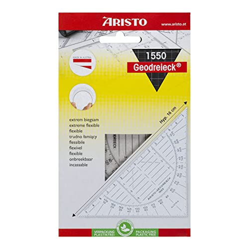 Aristo AR1550 Geodreieck bruchsicher (Hypotenuse 16 cm, abriebfeste Tiefenprägung, biegsamer 0,75mm Vivak PET-G Kunststoff, Made in Austria) transparent