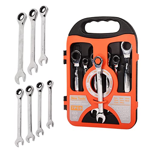 Lfgud Ratchet Combination Wrench Kit, 7 Piece Set, 8Mm-19Mm, Chrome Vanadium Steel, Full Polished 72 Tooth Box And Open End Standard Garage Tool Set For Mechanics, Wrench Set With Storage Box #TOP16