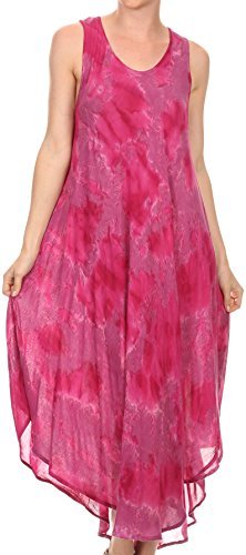 Sakkas 16801 - Laeila Tie Dye Washed Tall Long Sleeveless Tank Top Caftan Dress/Cover Up - Fuchsia - OS