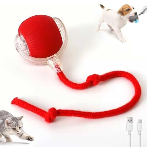 インタラクティブ スマートキャットボール、犬 ボール 自動 動く、電動 おもちゃ チューイローリング犬猫用 、USB 充電付き自動 360 度回転、ペットボール 運動不足解消 ストレス解消 (レッド)