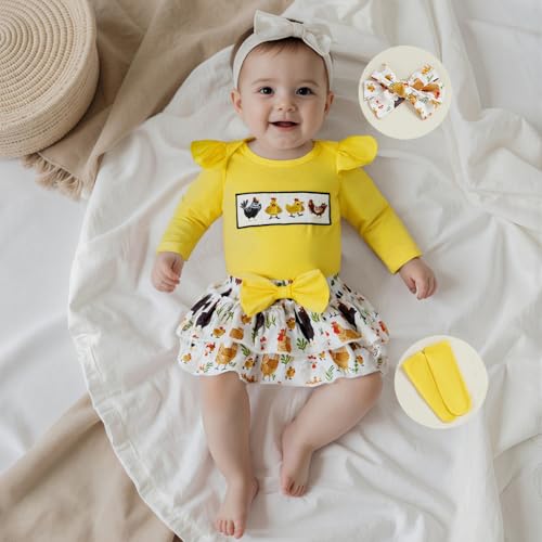 KMBANGI Newborn Toddler Baby Girl Farm Outfits Ruffle Sleeves Chick Smocked Romper Tutu Skirt Stockings Headband Cute Clothes2