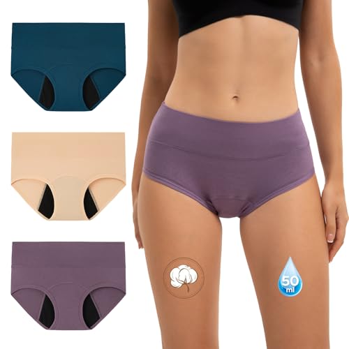 INNERSY Perioden Unterwäsche Starke Blutung High Waist Menstruation Slip Periode Panties 3 Pack(L, Blau/Beige/Lila)