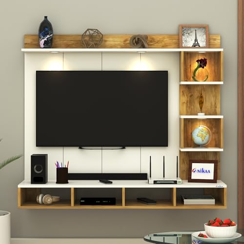 Image of Anikaa Kirina Engineered Wood Wall-Mount TV Unit with PVC Back Panel & LED Lights | TV Cabinet with Storage Box & Decorative Shelves (Gaintwood /White) ? Ideal for TVs up to 40 Inch | DIY Installation