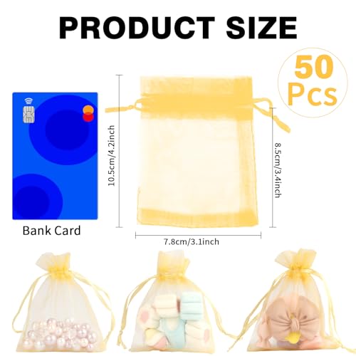 Image of Gold Organza Bags - 50Pcs, Sheer 3 x 4 inch Jewelry & Party Favor Bags with Drawstring, Mini Mesh Gift Pouches for Wedding & Christmas