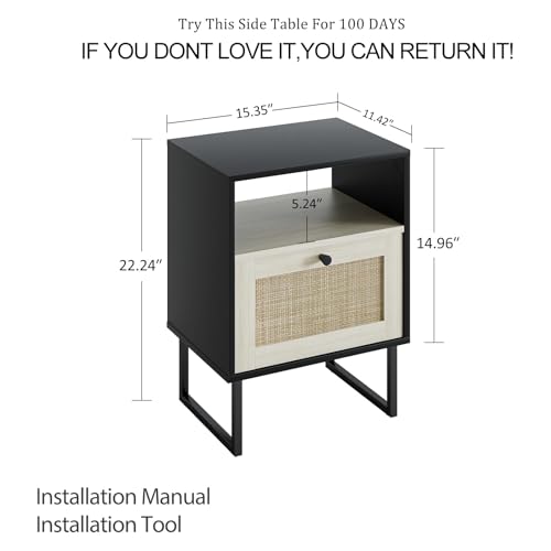 Image of Masupu Boho Night Stand, Small Rattan Side Table, Wood Nightstand with Drawer and White Oak Shelf, Bedside Table, End Table for Bedroom,Living Room,Office (Black Frame)