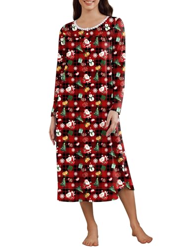 Ekouaer Long Sleeve Nightgowns for Women Long Night Dress Christmas Sleepwear Christmas Red L