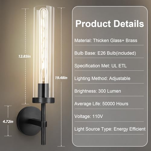 Image of Black Wall Sconce, 19.48'' Brushed Brass Knurled Bathroom Sconces Wall Lighting Vanity Light with Clear Glass, Indoor Wall Mount Light for Living Room Mirror Bedroom Stairs