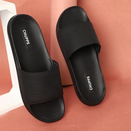 Image of CHUPPS Pure Black Drift Orthopedic Slippers | Soft Footpharma Footbed | Breathable Ventilation Holes | Lightweight Flip Flops | Anti-Skid Chappals for Everyday For Mens
