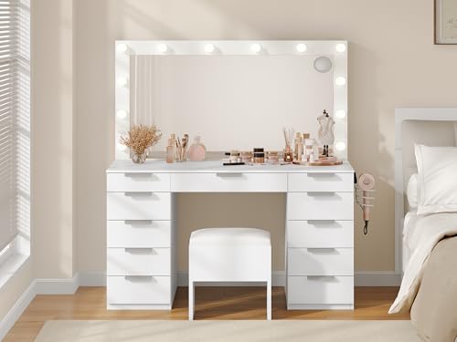 Image of DWVO Makeup Vanity Desk, 46 inch Vanity Desk Set with Mirror and Lights, 11 Storage Drawer, Power Outlet, Chair, Makeup Table Set with Magnifying Glass