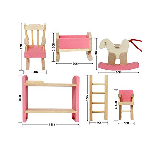 Wooden Dollhouse Furniture Set Including Kitchen Bathroom Bedroom Kid Room for Dollhouse Pink Color - Thumbnail 5