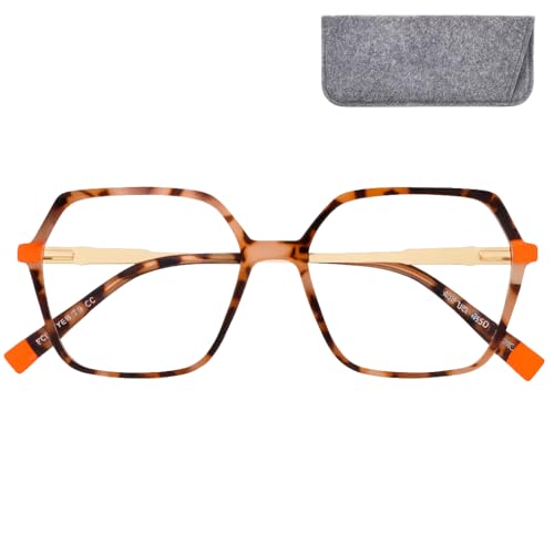 Mini Brille - Gafas Luz Azul Mujer Oversize Retro y Lentes Hexagonales Grandes, Funda Inclusa, Montura el Plástico con Patillas Metálicas (Naranja tortuga), Modernas Gafas de Ordenador +1.5 Dioptrías