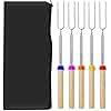 Barbecue Forks- 5 Pack Marshmallow Roasting Sticks Extendable Stainless Steel 32 Inch U Shape Hot Dog Fork with Wooden Handle Grilling Skewers for Fire Pit and BBQ Campfire Party (with Canvas Pouch)