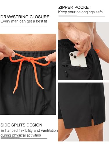 SILKWORLD Men's Swim Trunks Quick Dry Bathing Suits 6 Inch Swimming Shorts with Compression Liner and Zipper Pockets, Black, XX-Large — view 2