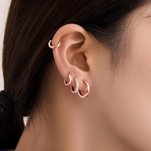 Image of Small Gold Huggie Hoop Earrings Set for Women Men Hypoallergenic 14K Plated Stack Cartilage Earrings, Sterling Silver Multiple Piercing Lightweight Mini Thin Cute Dainty Trendy Jewelry Gifts for Women