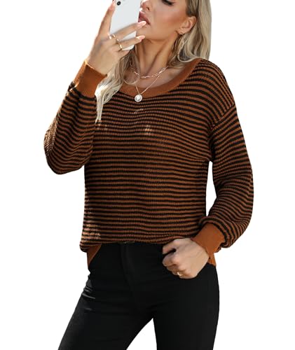 Jouica Womens 2024 Batwing Sleeve Sweaters Casual Crewneck Striped Color Block Fall Lightweight Pullover Top2