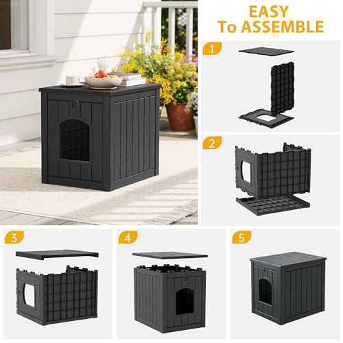 Image of Cat Litter Box Enclosure, Multi-Functional Enclosed Cat Litter Box Furniture, Outdoor Cat House Weatherproof, Openable Front Door & Raised Floor, Easy to Clean & Assemble, Black