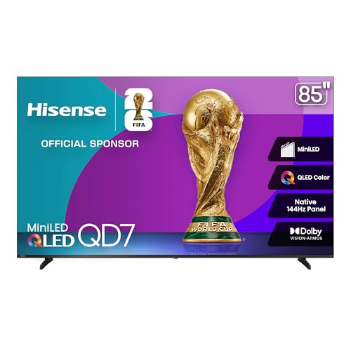 Hisense 85QD7QFM - 85" 4K Smart Mini-LED Fire TV (2025 Model), QLED Color, 144Hz Game Mode PRO, Dolby Vision, Dolby Atmos, AI Smooth Motion with MEMC, Alexa Built in with Voice Remote by Hisense - Used condition - CA$1159.75