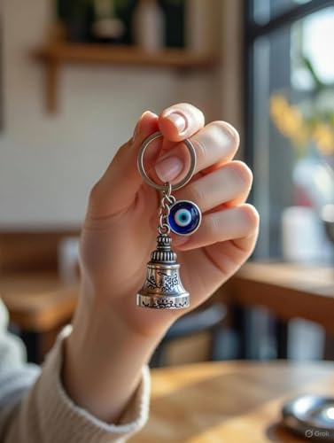 Image of Guardian Bell Keychain, Silver, Metal, Good Luck Charm with Evil Eye Nazar, for Bike & Motorcycle