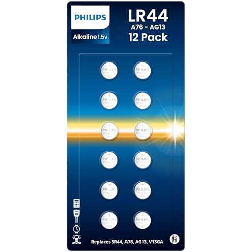 PHILIPS LR44 Batteries 12 Count Replaces AG13 A76 l1154f 357 303 SR44 AG13 Button Batteries - 1.5v Ultra Alkaline Button Cell Battery Perfect for Thermometers Lasers Watches Medical Devices.