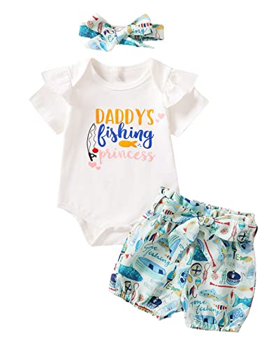 Image of Aslaylme Newborn Girl Clothes Baby Girl Summer Outfit Fishing Short Set Daddy Fishing Bodysuit
