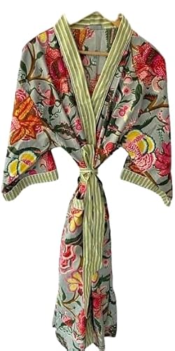 Indian Floral Print Cotton Kimono Robe, Dressing Gown, Boho Hippie Kimono, Japanese Robe, Bath Robe, Beach Kimono (Free Size) Floral Black, Blue #TOP25