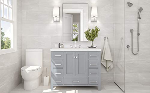Ariel 43" Inch Grey Bathroom Vanity W/ 1.5" Inch Edge Pure White Quartz Countertop & Backsplash | Rectangular Sink | 2 Soft Closing Doors And 9 Full Extension Dovetail Drawers | Satin Nickel Pulls #TOP1