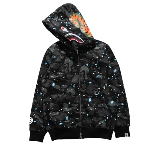 GENPER Shark Embroidery Camouflage Hoodie Full Zip Cotton Hooded Jacket Streetwear Sweatshirt for Men Women Teens & Couple (US Alpha Small Regular Regular Star)