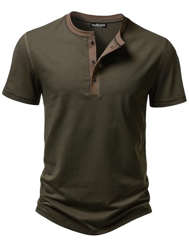 LucMatton Mens Short-Sleeve Henley Shirt Contrast Trim Button Placket Soft Smart Casual Tee for Daily Wear Army Green Large