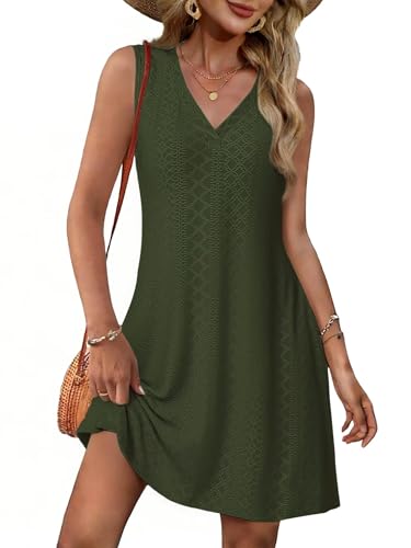 Tanmolo Leichtes Damen Kleid aus Jacquard-Stoff – Ärmellos, locker geschnittenes A-Linien-Sommerkleid Rundsaum Alltag, Urlaub, Strand Freizeit, luftig bequem L Armeegrün