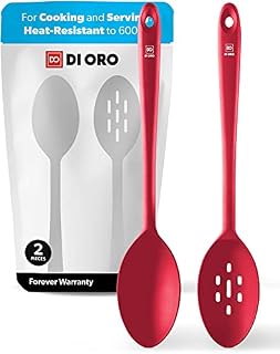 DI ORO® Seamless Series 2-Piece Silicone Spoon Set - 315°C Heat-Resistant Rubber Non-Stick Slotted and Solid Spoons for Mixing and Serving - LFGB Certified and BPA Free Pro-Grade Silicone